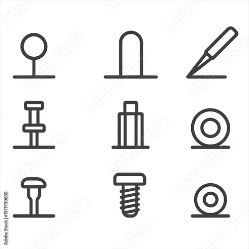 Test Points Icons. Line style icons of Test Points & Hardware: through-hole test pad, surface test pad, loop test pin, keystone