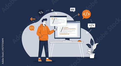 Programmer Coding Software And App Development In Workspace Environment Flat Design