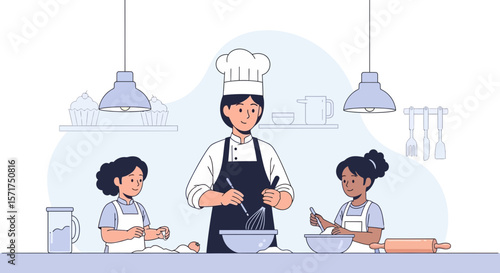 Baking Adventures With A Chef And Two Children In A Kitchen Setting