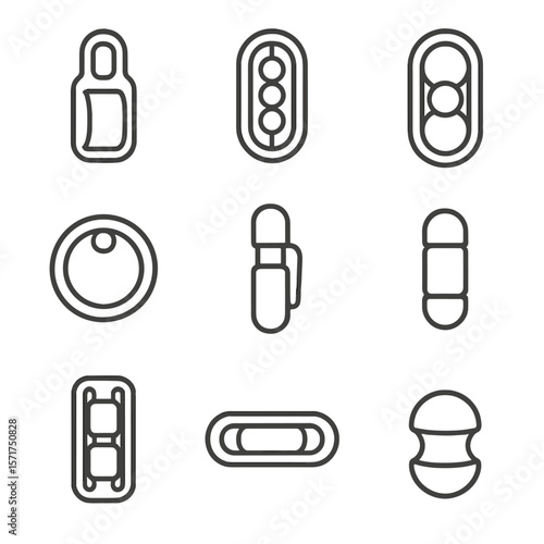 Fidget Roller Icons. Line style icons of Roller & Ball Fidgets: finger roller, bead roller, ball-bearing tracker, track ring,
