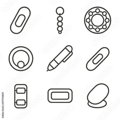 Fidget Roller Icons. Line style icons of Roller & Ball Fidgets: finger roller, bead roller, ball-bearing tracker, track ring,