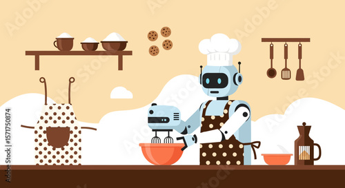 Baking Robot Chef Using Mixer In Flat Design Home Kitchen Scene Illustration