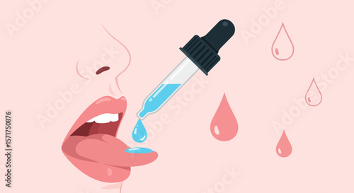 Liquid Dropper With Tongue Illustration, Health Concept, Oral Supplementation, Vector Graphic