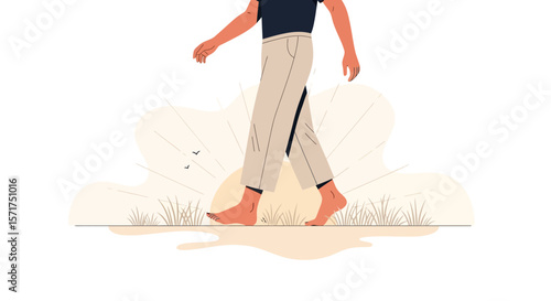 Barefoot Stroll On Meadow Towards Sunrise Revealing Serene Lifestyle And Personal Freedom