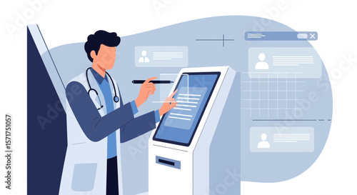 Doctor Using Digital Kiosk For Patient Information In Hospital Setting Illustration