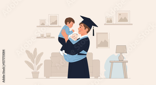 Proud Graduate Dad Holds Children After Achieving Academic Success At Home