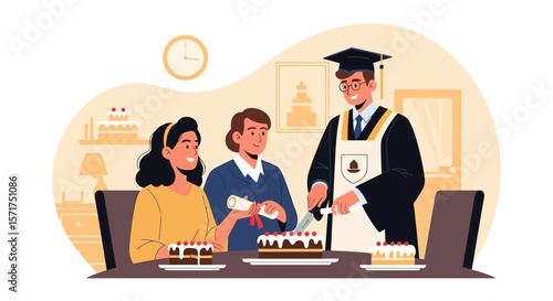 Proud Graduate Celebrates With Family Enjoying Cake After Graduation Ceremony