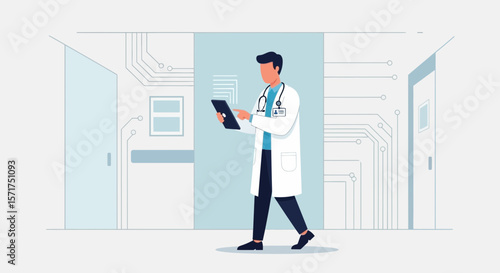 Doctor Using Digital Tablet In Modern Hospital Analyzing Data Patient Records