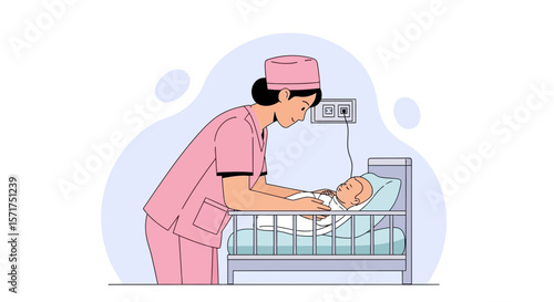 Loving Nurse Cares For Newborn In Hospital Nursery Illustration Vector