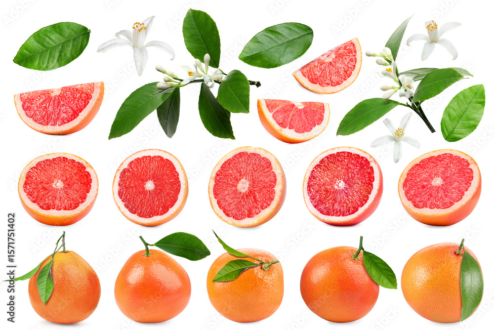Obraz premium Fresh grapefruits, green leaves and flowers on white background, collage