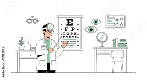 Male Optometrist With Chart And Equipment During An Eye Exam In Office