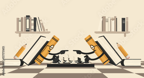 Books Versus Books Playing Chess Game Concept About Education and Competition