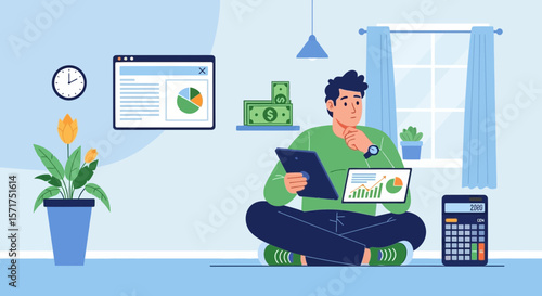 Man Analyzing Financial Data at Home with Digital Tools and Economic Indicators