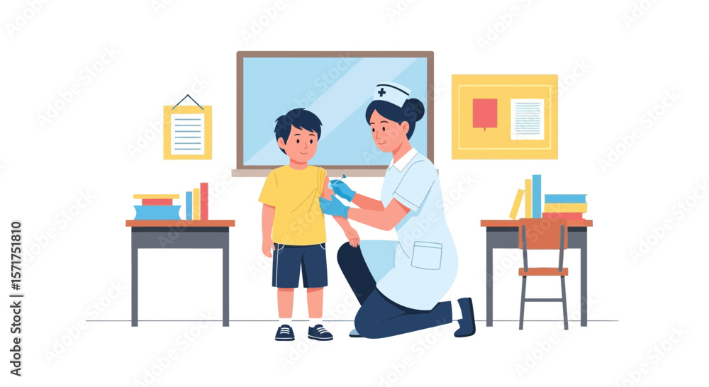 Boy Gets A Vaccine From Nurse During The Immunization Program At School Boy Gets A Vaccine From Nurse During The Immunization Program At School