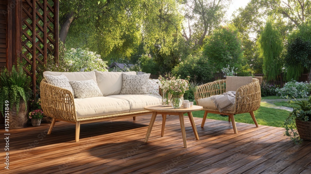 Obraz premium A rattan patio set including a sofa, a table and a chair on a wooden deck in the sunny garden., no logos, no brands