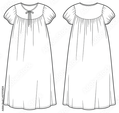 Loose gathered dress with yoke, short sleeves, tie neck detail, comfortable casual style, vector fashion flat sketch template drawing