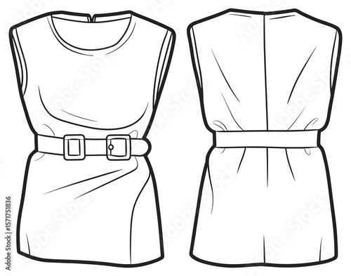 Asymmetrical belted tunic top with gathered waist, sleeveless technical flat sketch, fashion apparel template, vector design drawing, front back outline