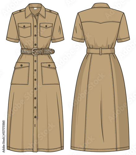 Utility shirt dress with short sleeves, patch pockets, front button closure and belted waist, colored fashion flat sketch, apparel design template, vector illustration