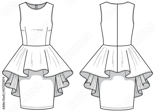 High low ruffle hem peplum dress technical flat sketch, sleeveless fitted bodice, vector apparel design template, editable fashion drawing, outline