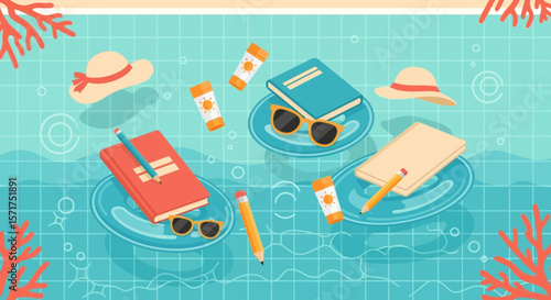 Refreshing Summer Pool Scene With Accessories And Books For Vacation Relaxation
