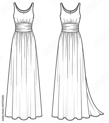 Long sleeveless evening gown dress sketch, gathered waist detail, flowing maxi length, fashion technical flat front back view