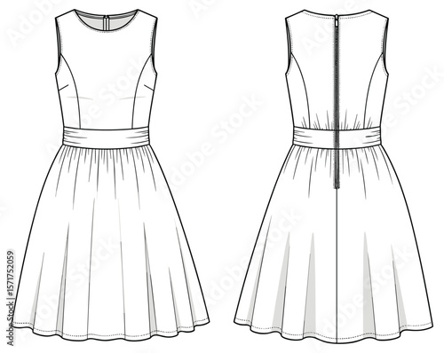 Sleeveless fit and flare dress flat sketch with wide waistband, gathered skirt, back zipper, front back view fashion template