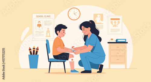 Boy Receiving First Aid From School Nurse Bandaging A Knee Injury In Clinic