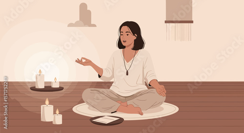 Relaxed Woman Meditating With Candles At Home In A Serene And Peaceful Setting
