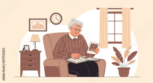 Elderly Woman Reminiscing Over Memories While Looking Through a Photo Album