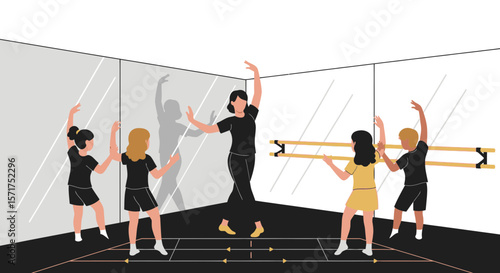 Elegant Ballet Class With Female Teacher And Students Rehearsing Choreography