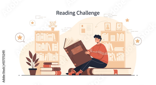 Man Enjoying Reading A Book While Sitting On Top Of Stack Of Books