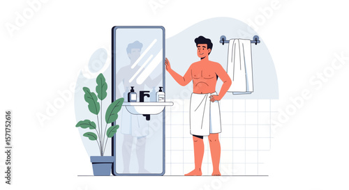 Man In Towel Checking Himself In The Mirror At The Bathroom