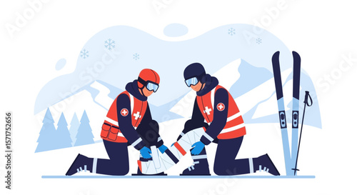Emergency Ski Rescue Team Providing First Aid On Snowy Mountain Graphic