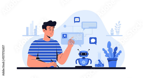 Man Interacting With Digital Chatbot For Creative Solutions And Communication