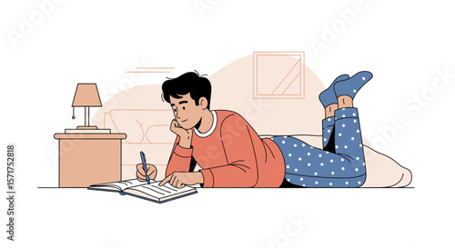 Man Lying Down At Home Writing In A Notebook For Relaxation
