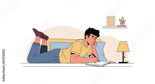 Man Lying Down Writing In Notebook At Home Bedroom Interior Scene