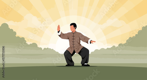 Man Practicing Tai Chi Against a Sunrise Sky for Mind and Body Wellness