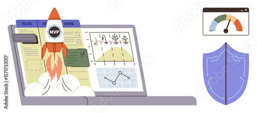 Rocket bursting from laptop with MVP sign, analytics, workflow board, KPI gauge, and shield. Ideal for startup growth, innovation, data management, workflow cybersecurity project success simple