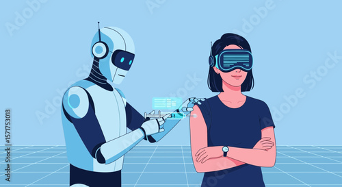 Robot Administering A Vaccine Injection To A Woman Wearing Vr Glasses