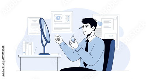 Businessman Applying Eye Drops at Office Desk Healthcare Remedy Vision Correction