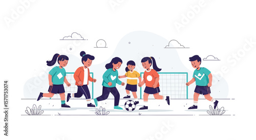 Energetic Children Enjoying Friendly Soccer Match Outdoors Illustration
