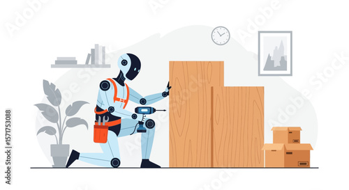 Robot Assembling Furniture With Power Drill In A Room Flat Illustration