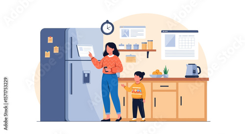 Busy Mom Manages Schedule And Family Time In Modern Smart Kitchen Vector