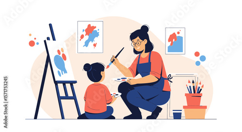 Captivating Artistic Moments Young Girl Learning From The Experienced Painter