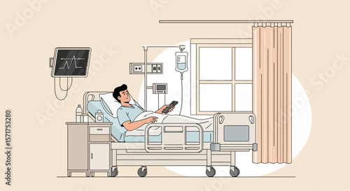 Man Relaxing In Hospital Bed With Remote Control Watching Monitoring Equipment