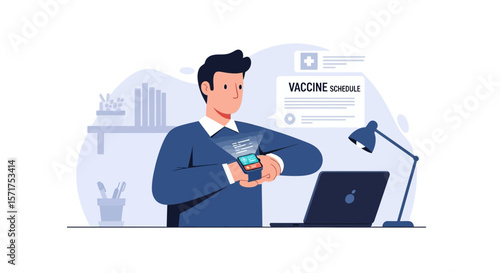 Man Schedules Vaccine Appointment Using Smartwatch Technology At Home Office