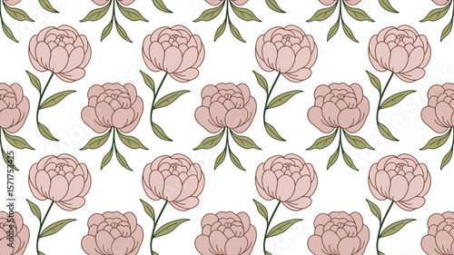 A seamless pattern of pink peonies with green leaves on a cream background art