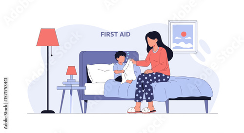 Caregiver Assisting Sick Child Lying In Bed Applying A Cool Compress At Home