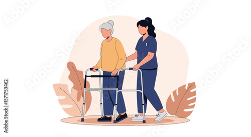Caregiver Assists Senior Woman With Walker For Daily Living Mobility Health