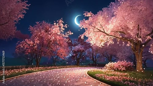 Serene Night View of Cherry Blossom Trees Under a Crescent Moon